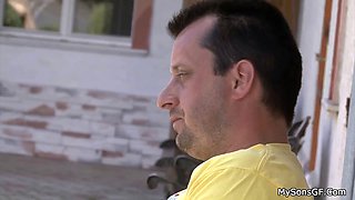 Step-dad applies sunscreen and cock to stepson's girlfriend