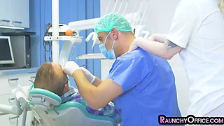 Slutty nurse fucked by a lusty doctor in her pussy in the medical room