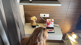 Amazingly Beautiful Hot Blonde with Nice Legs and Hairy Pussy Takes Her Lace Panties off to Show Bottom Camera