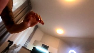 Beautiful Brunette Big Boobs Rides Fake Cock