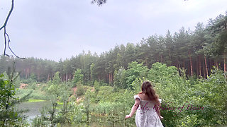 Teen Shows Tits and Asshole During a Storm in the Forest