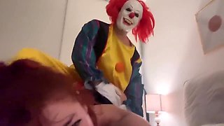 Latina milks a cumshot out of her BF in a Halloween clown costume