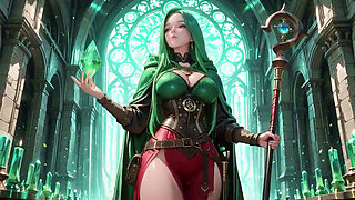 Under the Ethereal Blue Glow of a Gothic Cathedral, She Kneels with Her Staff, Eyes Locked on You.