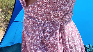 Flashing Pussy Outdoors in a Wrap Dress No Panties