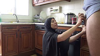 French Arab babe hosts guys at her Marseille flat for kitchen blowjobs