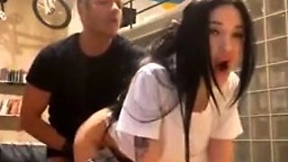 Small tit brunette amateur tugs on a big willie