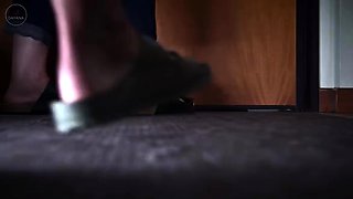Brunette with foot fetish rubs big dick with her feet in POV