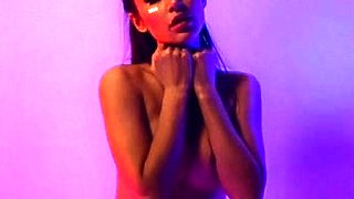 Busty curly brunette with big boobs fucks on couch