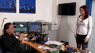 Redhead girl enjoys big cock with the boss in the office