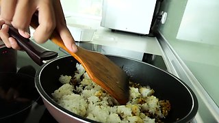 Fried rice and sex at home with cute Thai teen girlfriend