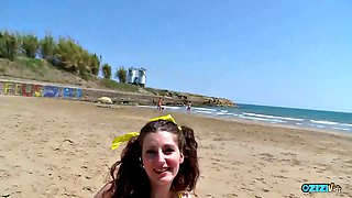 Busty Brunette Sunbather Caught for Beach Pounding