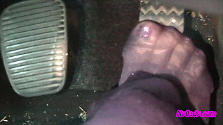 Nyllady's Footjob to Gearshift and Wheel in Patterned Pantyhose