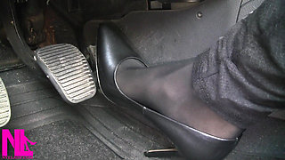 Revving and Driving in Black Pantyhose and Grey High Heels