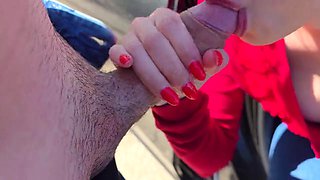 Busty wife sucks my dick in the car and swallows all the cum