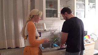 Washing dishes, biting rubbish